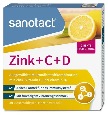 Produktbild von sanotact Zink + C + D (20 Lutschtabletten) - Zink Tabletten mit Vitamin C & Vitamin D3 - 3-fach Formel für Immunsystem
