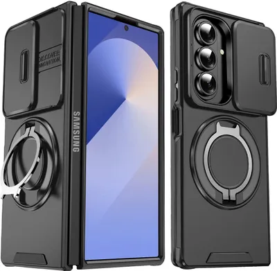 Immagine prodotto di Custodia a doppio strato per Samsung Galaxy Z Fold7, con copertura scorrevole della fotocamera e supporto ad anello magnetico Nero