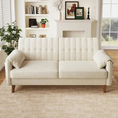 Produktbild von okwish Zweisitzer Sofa mit Seitentaschen und 2 Armlehnenkissen, Sofastuhl mit Massivholzfüßen,getufteter Rückenlehne,Beige