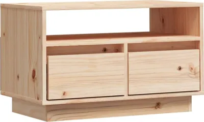 A light-colored wooden TV stand with two drawers and an open shelf.