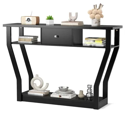 Immagine prodotto di Tavolino consolle stretto, dimensioni 120x30x81 cm, con cassetti e ripiani, colore nero