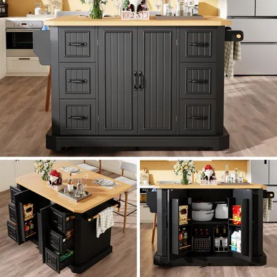 Produktbild von Kücheninsel auf Rollen Weiß/Schwarz – Küchenwagen & Küchenschrank mit 2 Türen & 6 Schubladen, rollbar, 120x45(75)x91 cm