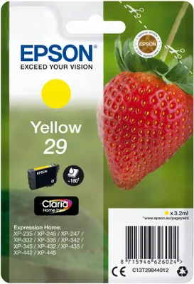 Produktbild von Epson Strawberry Singlepack Yellow 29 Claria Home Ink, Standardertrag, Gelb, Tinte auf Pigmentbasis, 3,2 ml, 1 Stück(e), 180 Seiten