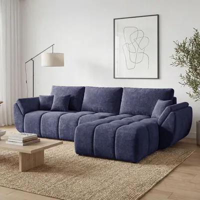 Produktbild von EZIMPAZ Ecksofa CALVANI Gesteppt mit Schlaffunktion und Bettkasten Blau Rechts