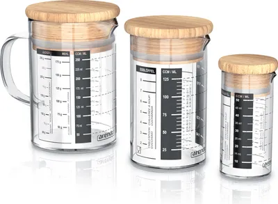 Produktbild von Arendo - Messbecher Set aus Glas - Größen 250ml, 125ml, 50ml (0,25l 0,125l 0,05l), Messkrug Glas Krug, Borosilikatglas, präzise Skala, hitzebeständig, Glasbehälter mit Bambusdeckel, Silikondichtung