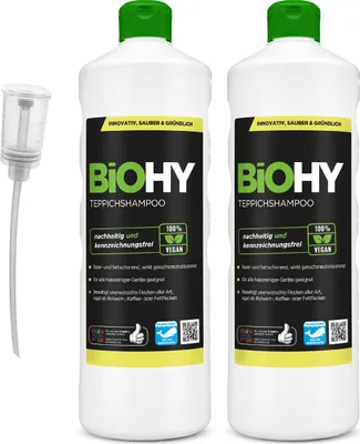 Produktbild von BiOHY Teppichshampoo (2x1l Flasche) + Dosierer | Teppichreiniger ideal zur Entfernung von hartnäckigen Flecken | SPEZIELL FÜR WASCHSAUGER ENTWICKELT