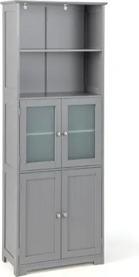 Image de Meuble de salle de bain de 163 cm de haut, meuble de rangement autoportant avec portes en verre et étagères réglables, gris