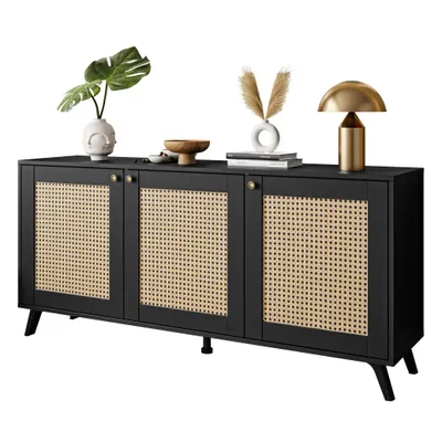A black sideboard with cane detailing and decorative items on top, presented against a white background.