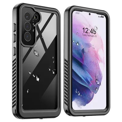 A black protective case for a Samsung Galaxy S21 5G phone is shown from two angles, front and back, with water droplets on the surfaces.