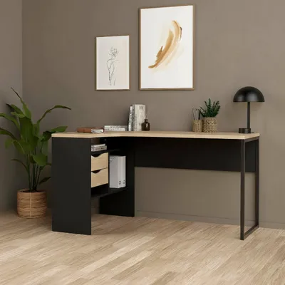 Immagine prodotto di Dmora Scrivania Moire 81x145.1x76.8h cm Nero, 2 Cassetti un Vano