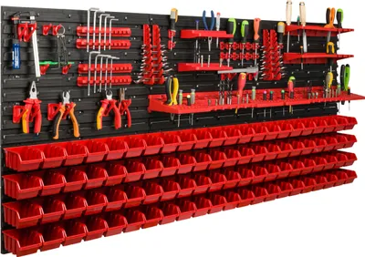 Image de Système de rangement Étagère d'atelier | 172 x 78 cm | 88 pièces Boîte | Étagère murale avec supports pour outils et boîtes empilables - Panneaux muraux Étagère à bacs extra-robuste Panneau perforé pour outils Étagère de rangement Étagère de garage