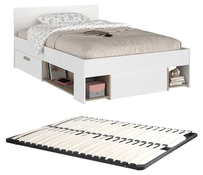 Produktbild von Bett 120 x 190 cm mit Kommode und - Weiß und Natur + Rahmen - KINSELIA