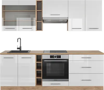 Produktbild von Küchenzeile Vicco Fame-Line Weiß Hochglanz/Goldkraft Eiche 235 cm ohne Arbeitsplatte, Model 38753