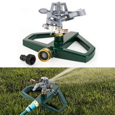 Immagine prodotto di Irrigatore per prato con base in metallo, girevole a 360 gradi, ideale per l'irrigazione del giardino e il risparmio idrico