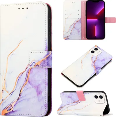Produktbild von iPhone 12 Hülle, Marmor Motiv Kunstleder Tasche Wallet Kartenfächer mit Standfunktion Klapp Schutzhülle für iPhone 12 Weiß Lila
