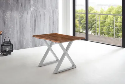 Produktbild von Esstisch Baumkante massiv Akazie nussbaum 120 x 80 X-Gestell silber LUBIN