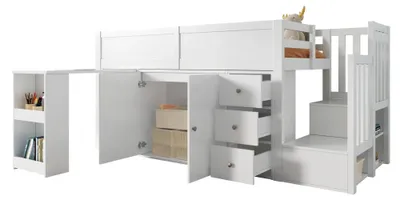 Obrázok produktu pre Detská poschodová posteľ - Multifunkčná poschodová posteľ 90 x 200 cm - Výsuvný písací stôl - Úložný priestor - Schodisko s úložnou skrinkou - MDF - Biela
