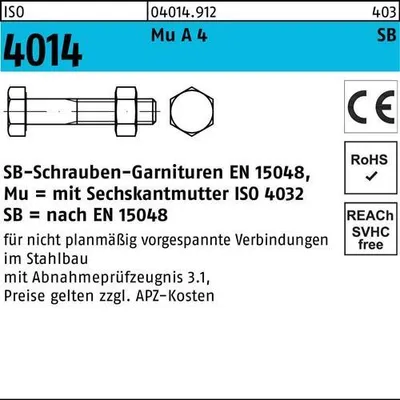 Produktbild von Reyher  Sechskantschrauben ISO4014 A 4-70 CE Mu M 24x160 (5 Stück)