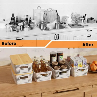 Produktbild von Set von 6 Aufbewahrungsboxen mit Bambusdeckel, 5 l Aufbewahrungskorb, Kunststoffkorb, Aufbewahrungsbox, Küchenaufbewahrungsboxen für Regale, Schränke und Zuhause (weiß)