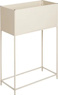 A beige metal planter stand with a rectangular pot on legs, shown against a white background.