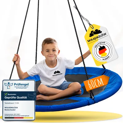 Produktbild von WOLKENGLÜCK® Nestschaukel [Ø 60 cm] - Höhenverstellbare Schaukel Outdoor & Indoor für Kinder und Erwachsene (max. 150 kg) - Tellerschaukel inkl. Montage-Zubehör [Blau]