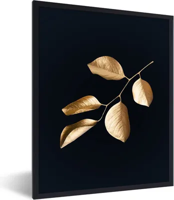 Produktbild von MuchoWow® Gerahmtes Poster Blätter - Zweig - Gold - Luxus 60x80 cm - Poster mit Schwarzem Bilderrahmen Wandposter Rahmen Foto Bilder - Premium - Wanddeko Wohnzimmer