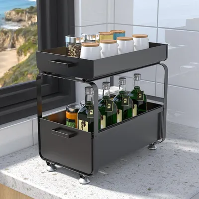 Produktbild von 1er Set Küchenregal Schiebeschrank Korb Küchen Unterschrankregal Unter Waschbecken Regal Gewürzregal für Badezimmer Küchen Arbeitsplatte Schwarz