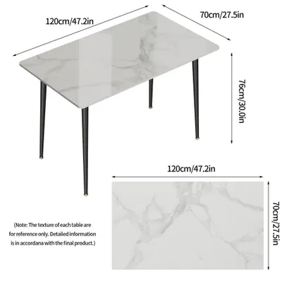 Obrázok produktu pre Jedálenský stôl - Moderný jedálenský stôl 120x70 cm - Obdĺžniková doska z syntetického kameňa s vzhľadom mramoru - Kovová konštrukcia - Pre 4-6 osôb - Biela farba