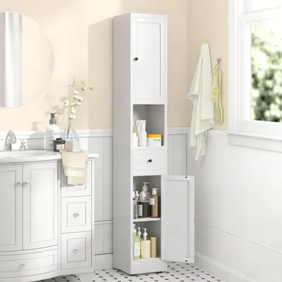 Image de Armoire de salle de bain blanche, étagère métallique étroite avec 5 niveaux, 2 portes, étagères réglables, dimensions : 180 x 30 x 30 cm, couleur : blanc