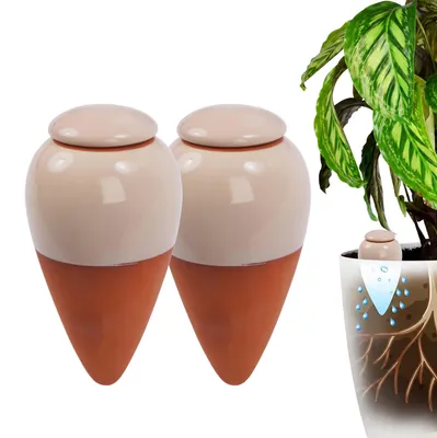 Obrázek produktu pro Relaxdays, sada dvou kónických nádob pro zavlažování, objem 350 ml, pomocník pro zalévání s víkem, vhodné pro pokojové rostliny a květináče na balkoně, barva: terakota/béžová