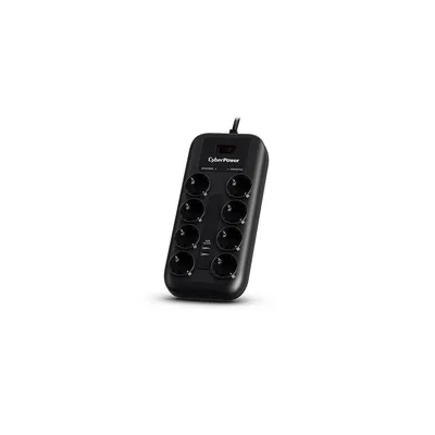 A black power strip with multiple outlets and USB ports, shown from a slightly elevated angle against a white background.