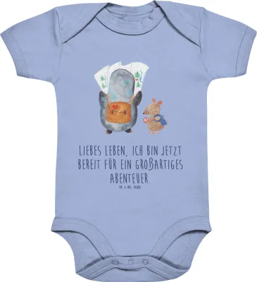 Produktbild von Mr. & Mrs. Panda overall baby Pinguin & Maus Wanderer 3. - 6. Monat - Dusty Blue - Geschenk, Roadtrip, Babybody, Einteiler, Wandern, Strampler, babykleidung body