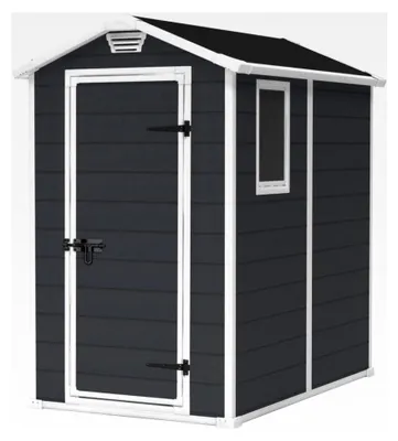 Produktbild von Manor 4x6 Gartenhaus, kompakt und wartungsfrei, wetterfest, mit Bodenpaneel und Belüftung, Dunkelgrau, Maße: 130 x 192 x 198 cm
