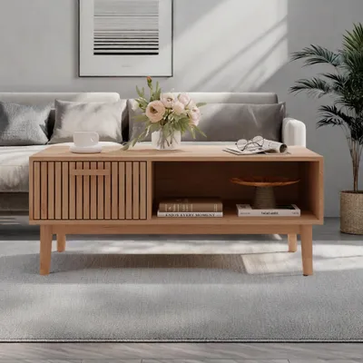 Image de UnboxG Table basse en bois naturel, design rotin avec 1 tiroir, table de salon style boho, table d'appoint avec espace de rangement