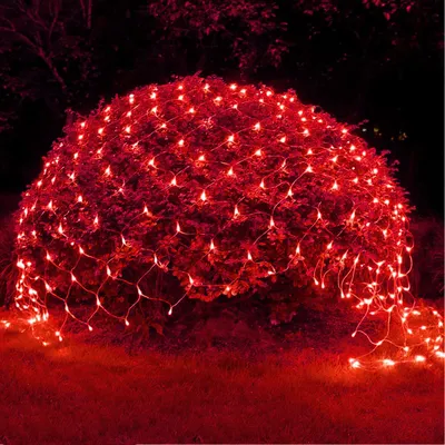 Red net lights draped over a bush at night.