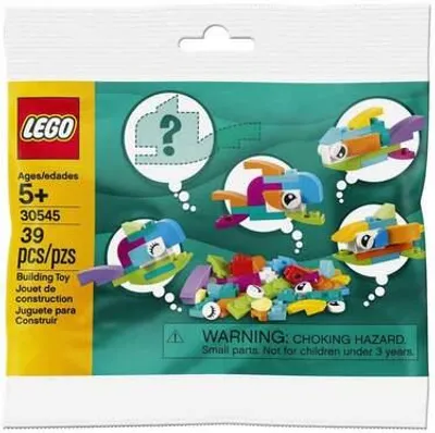 A polybag containing LEGO building toy pieces and illustrations of finished models.