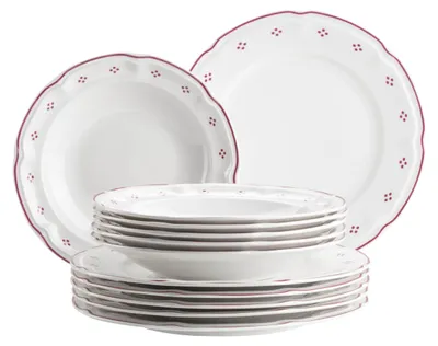12-teiliges Porzellan-Servies: 6 flache Teller 26 cm & 6 Suppenteller 22 cm rot