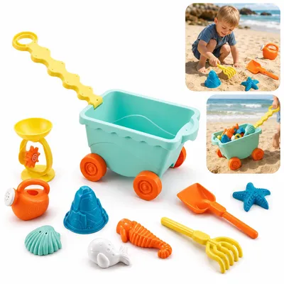 Produktbild von Kinder Sandspielzeug Set 10 Teile mit Wasserkanne Schaufeln Förmchen Transportwagen robustes Outdoor Spielzeug für Strand Garten und Reisen