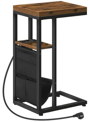 Image de TRANKIELO® - Table d'appoint en forme de C avec station de charge - Table pliante pour collations, idéale pour le salon et la chambre - Couleur vintage marron et noir