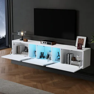 Produktbild von STILVORA Wandmontierter TV-Lowboard mit LED-Licht und 3 Schranktüren,TV-Ständer für 75-Zoll-Fernseher,TV-Schrank Fernsehschrank Hochglanz,Weiß