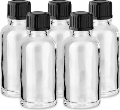Produktbild von 5x Klare Glasflasche 30 ml mit schwarzem Kunststoff Schraubverschluss