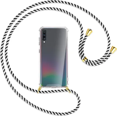 Produktbild von Handykette Backcover-Schutzhülle mit Band (Metall goldfarben) für Samsung Galaxy A70 - schwarz/weiß gestreift