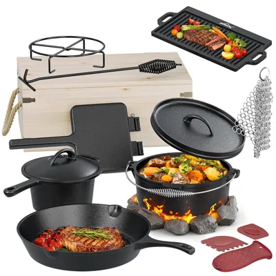 Produktbild von HOMELUX 12-teiliges Dutch Oven Set in Holzkiste, Kochtopf, Pfanne, Saucentopf, Wende-Grillplatte, Waffeleisen, Stapelrost, Ringreiniger, Schaber Set
