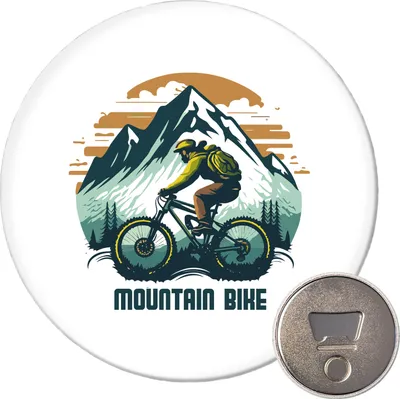 Produktbild von Huuraa Magnet Mountain Bike Berge 59mm Kühlschrankmagnet rund Flaschenöffner Geschenkidee