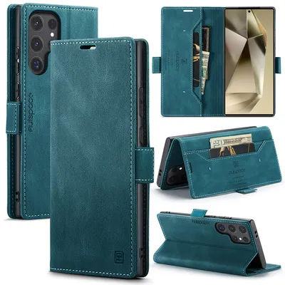 Image de Étui pour Samsung Galaxy S25 Ultra, étui rétro en cuir PU, support et étui de protection bleu