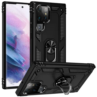 Productafbeelding van MobyDefend Hoesje - Geschikt voor Samsung Galaxy S22 Ultra  -  Pantsercase Met Draaibare Ring - Zwart