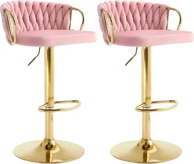 Two pink bar stools with gold legs and accents, shown against a white background.