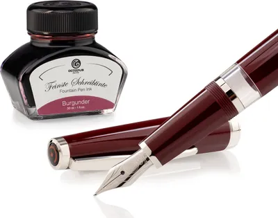 Immagine prodotto di Set penna stilografica Cleo Skribent Classic Palladium Bordeaux, penna stilografica a stantuffo e 30 ml di inchiostro bordeaux