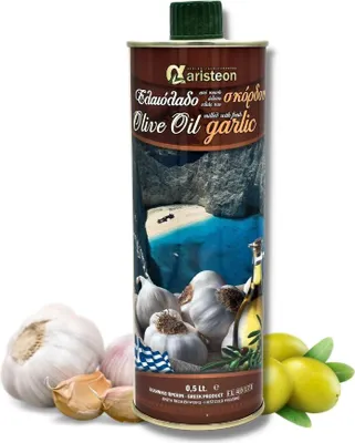 A bottle of olive oil with garlic, surrounded by garlic bulbs and olives.