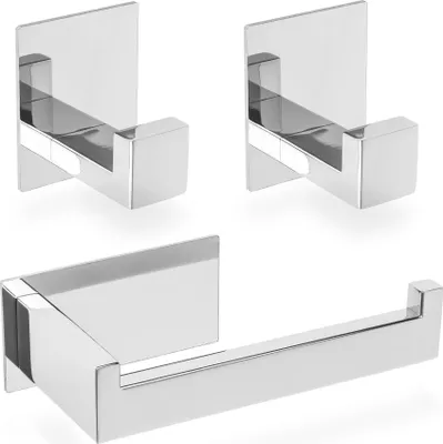 Produktbild von ECENCE 1x Toilettenpapierhalter + 2x Handtuchhaken ohne Bohren, Badezimmerset selbstklebend Chrom B